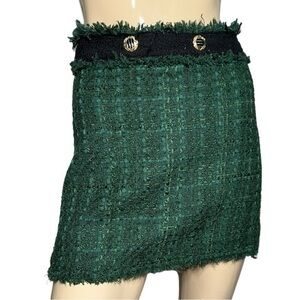 Zara Women’s Size S Green Black Tweed Boucle Gold Button Detail Mini Skirt